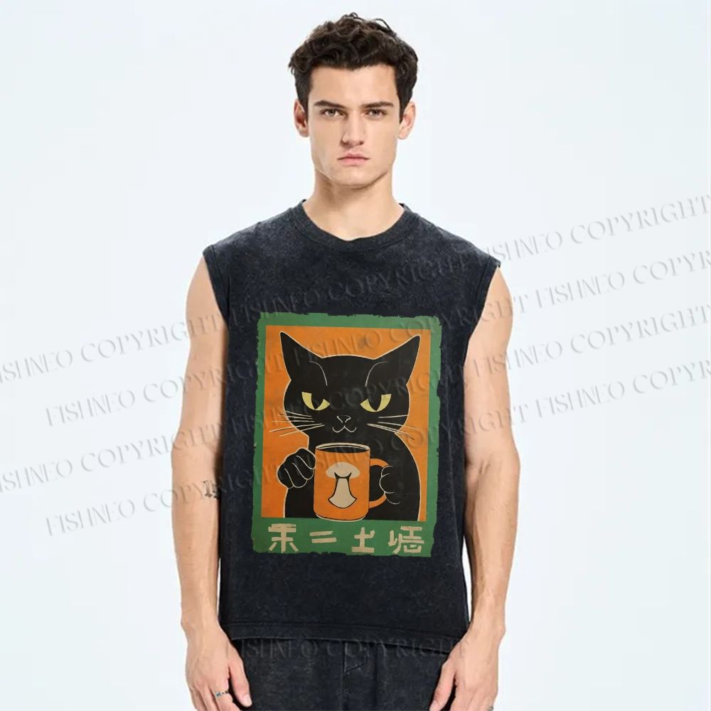 Unisex Black Cat Printed Washed Tank Top
