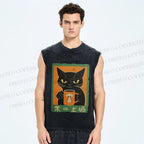 Unisex Black Cat Printed Washed Tank Top