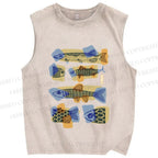 Unisex Viintage Fish Printed Washed Tank Top