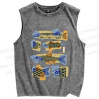Unisex Viintage Fish Printed Washed Tank Top