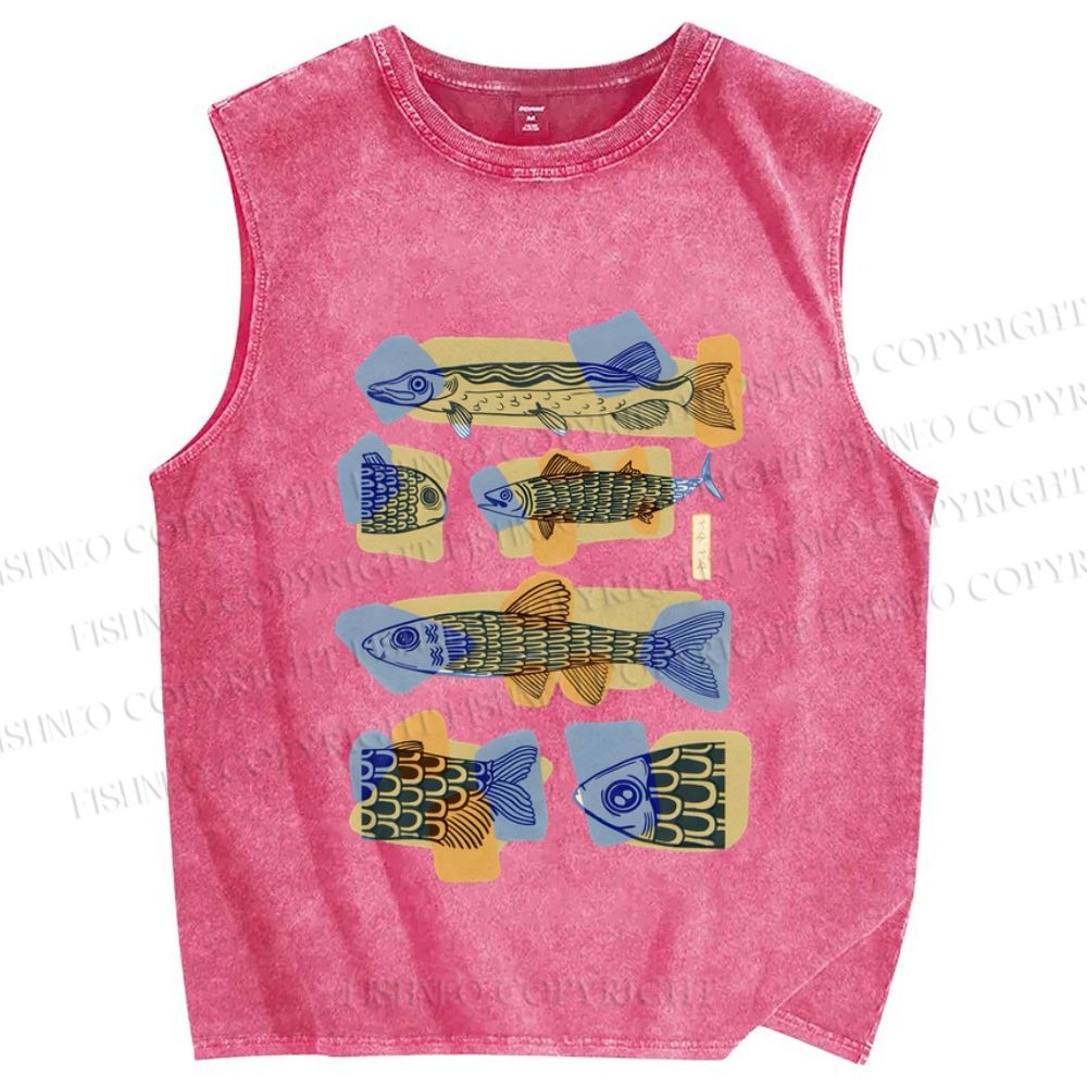 Unisex Viintage Fish Printed Washed Tank Top