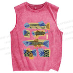 Unisex Viintage Fish Printed Washed Tank Top