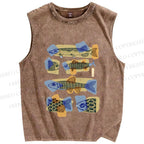 Unisex Viintage Fish Printed Washed Tank Top