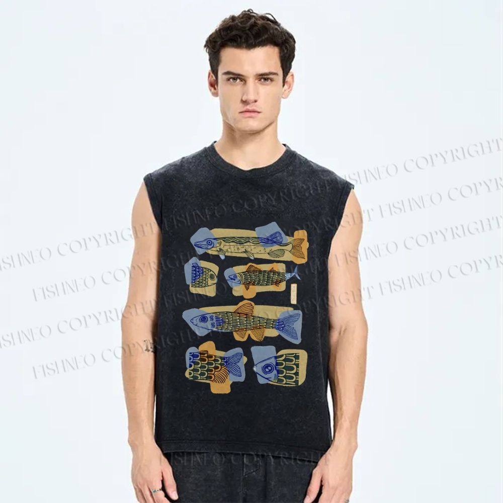 Unisex Viintage Fish Printed Washed Tank Top