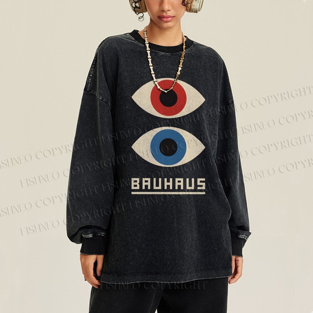 Unisex Casual Washed Bauhaus Art Eyes Printed Long Sleeve T-shirt