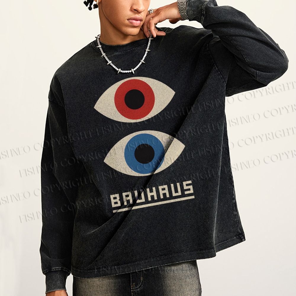 Unisex Casual Washed Bauhaus Art Eyes Printed Long Sleeve T-shirt