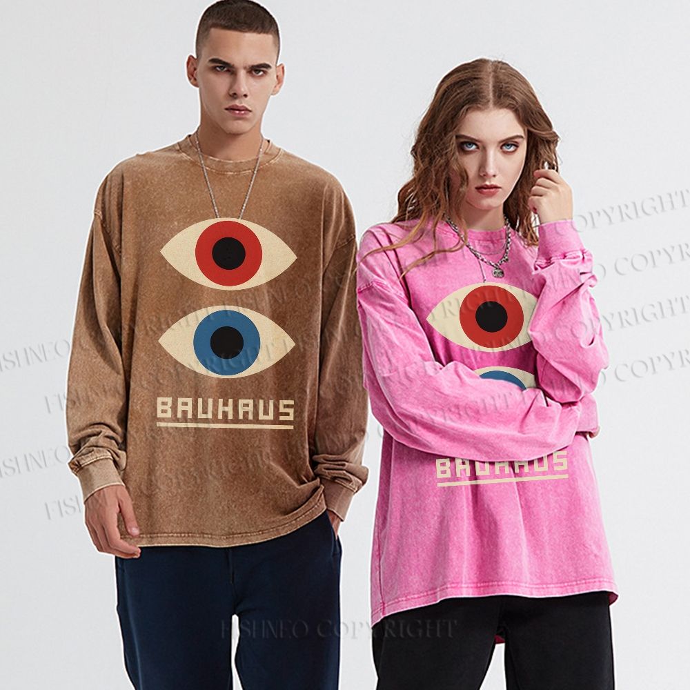 Unisex Casual Washed Bauhaus Art Eyes Printed Long Sleeve T-shirt