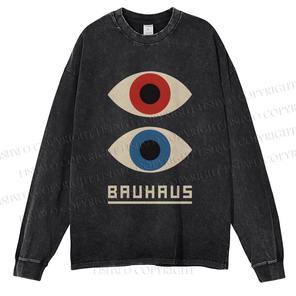 Unisex Casual Washed Bauhaus Art Eyes Printed Long Sleeve T-shirt