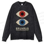 Unisex Casual Washed Bauhaus Art Eyes Printed Long Sleeve T-shirt