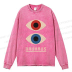 Unisex Casual Washed Bauhaus Art Eyes Printed Long Sleeve T-shirt