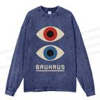 Unisex Casual Washed Bauhaus Art Eyes Printed Long Sleeve T-shirt