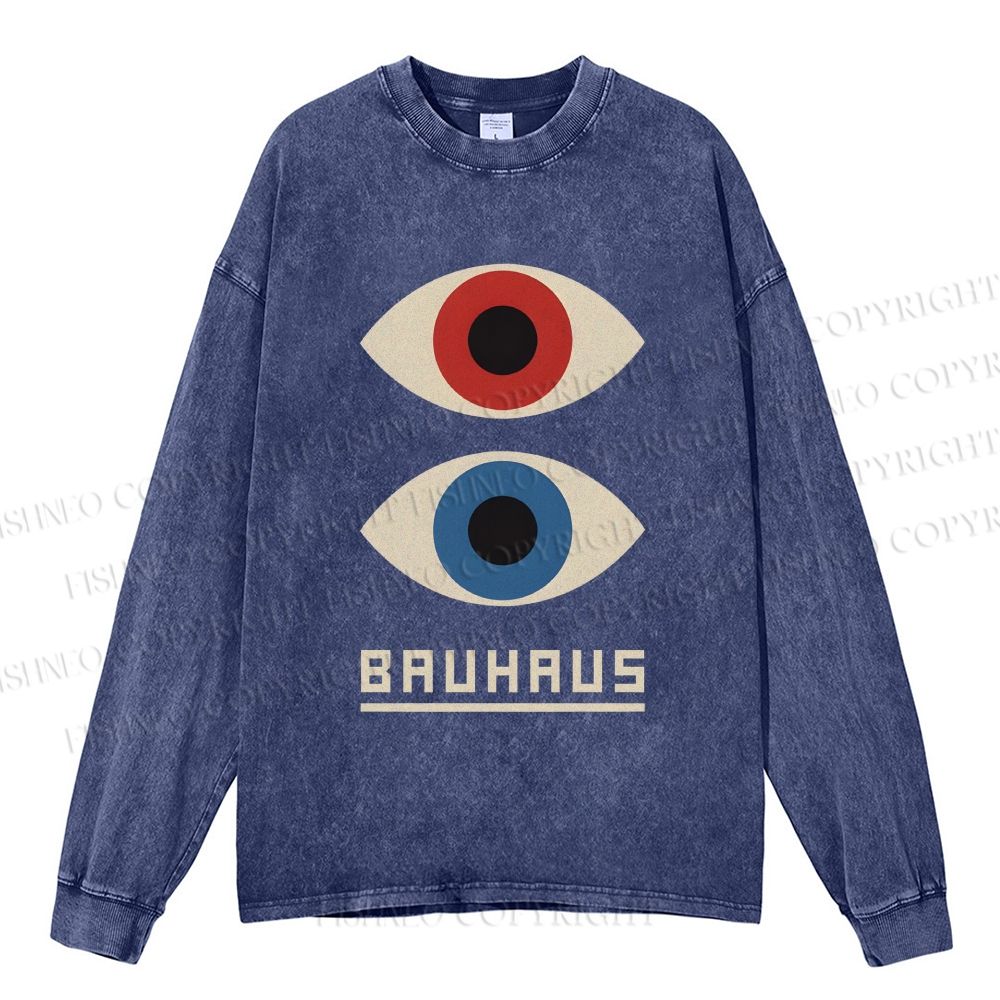 Unisex Casual Washed Bauhaus Art Eyes Printed Long Sleeve T-shirt