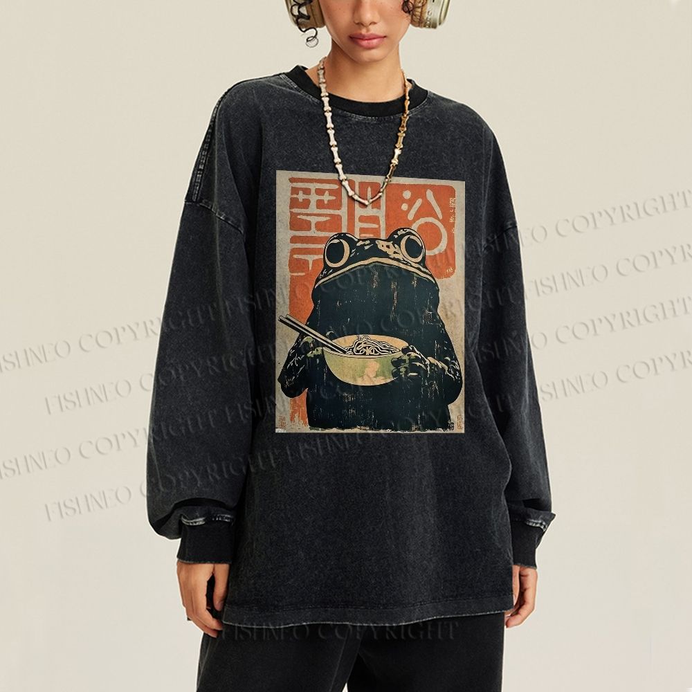 Unisex Casual Washed Frog Eating Ramen Vintage Printed Long Sleeve T-shirt