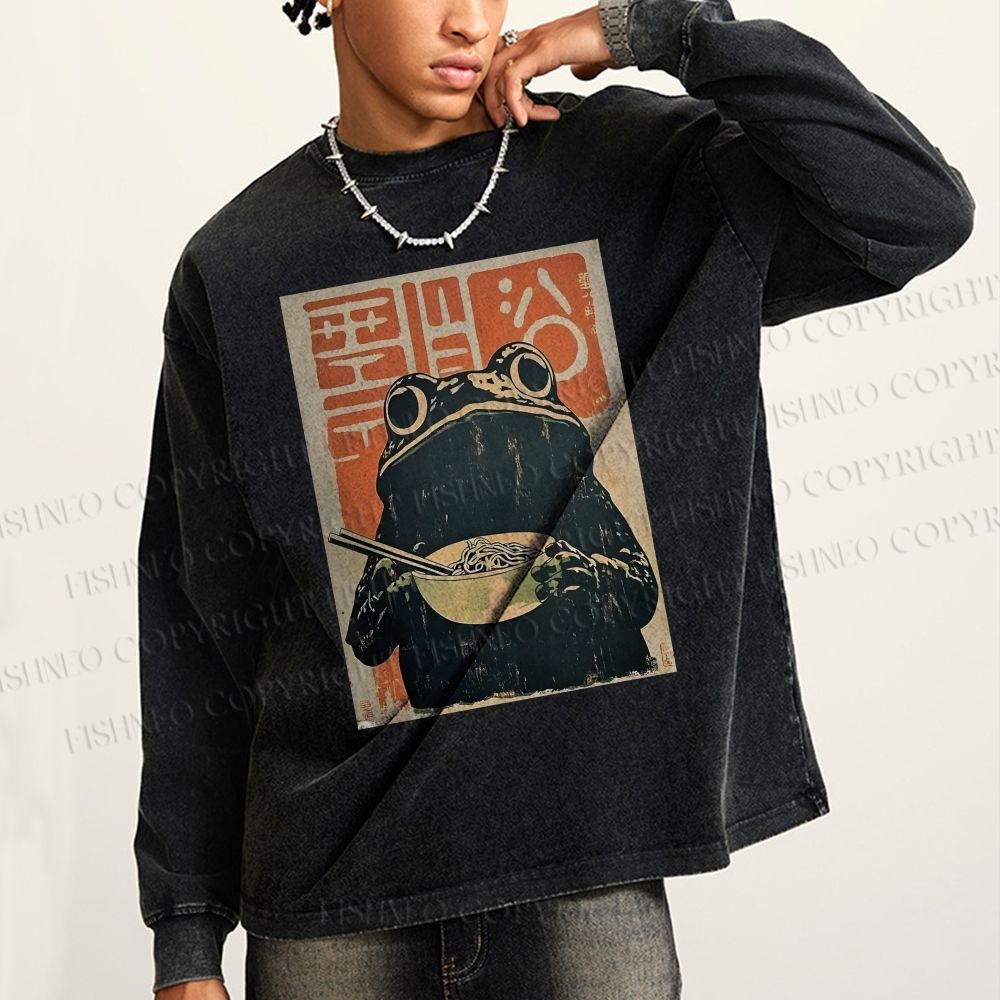 Unisex Casual Washed Frog Eating Ramen Vintage Printed Long Sleeve T-shirt