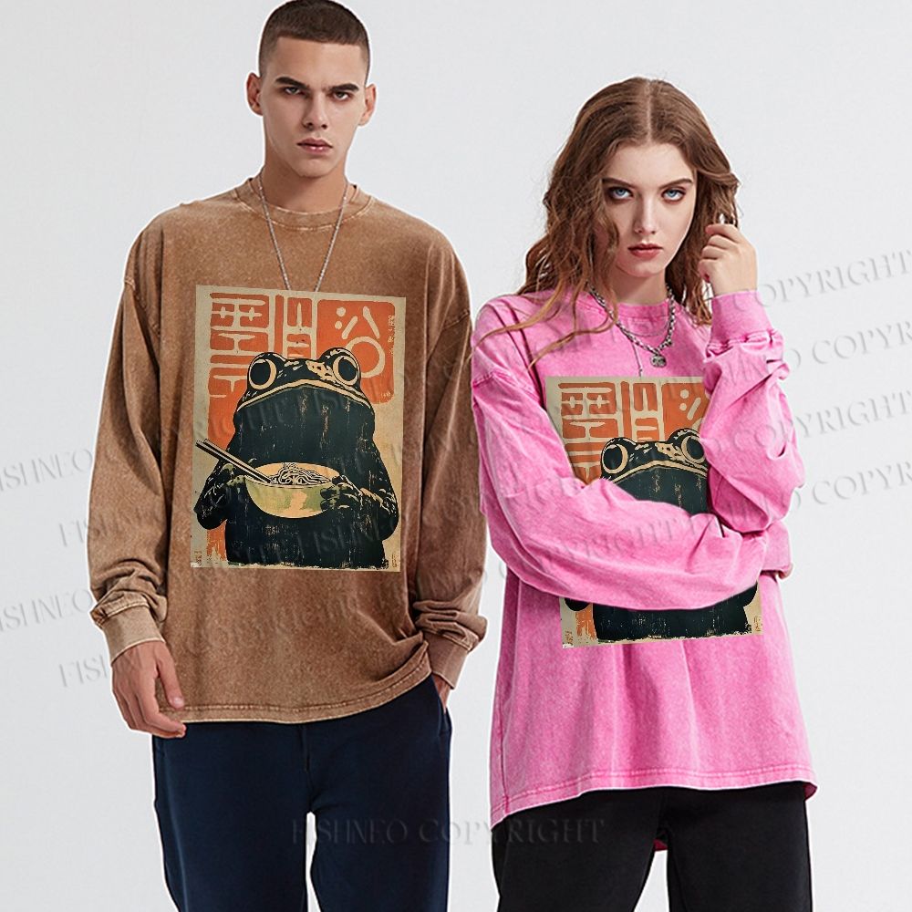 Unisex Casual Washed Frog Eating Ramen Vintage Printed Long Sleeve T-shirt