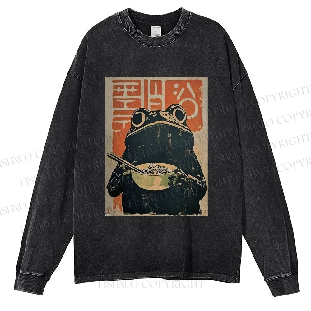 Unisex Casual Washed Frog Eating Ramen Vintage Printed Long Sleeve T-shirt