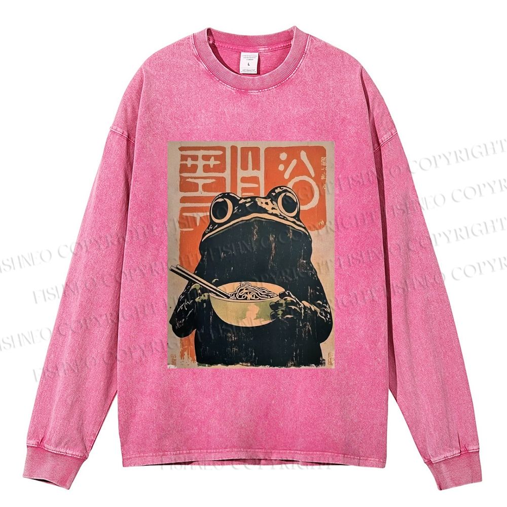 Unisex Casual Washed Frog Eating Ramen Vintage Printed Long Sleeve T-shirt