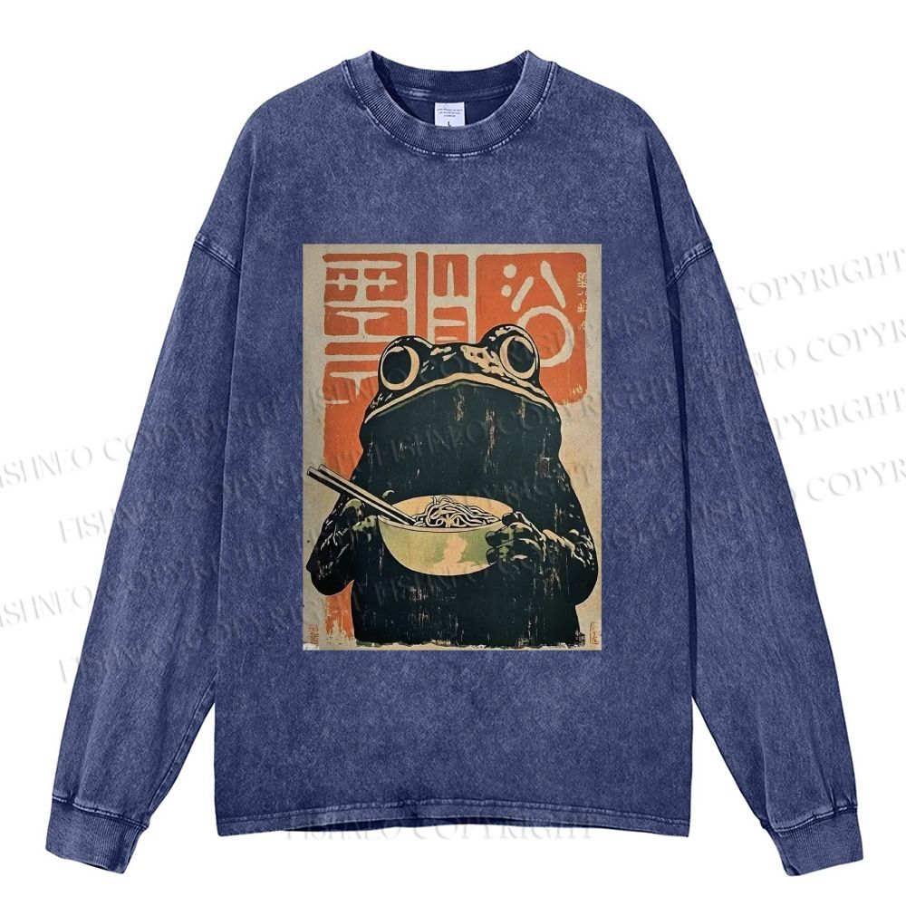 Unisex Casual Washed Frog Eating Ramen Vintage Printed Long Sleeve T-shirt