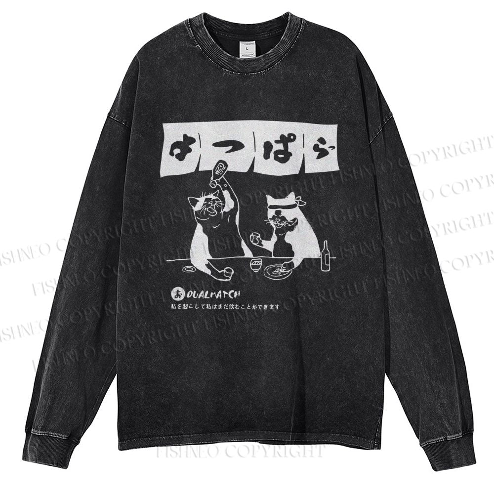 Unisex Casual Washed Wake me up I can still drink Cat Izakaya Printed Long Sleeve T-shirt