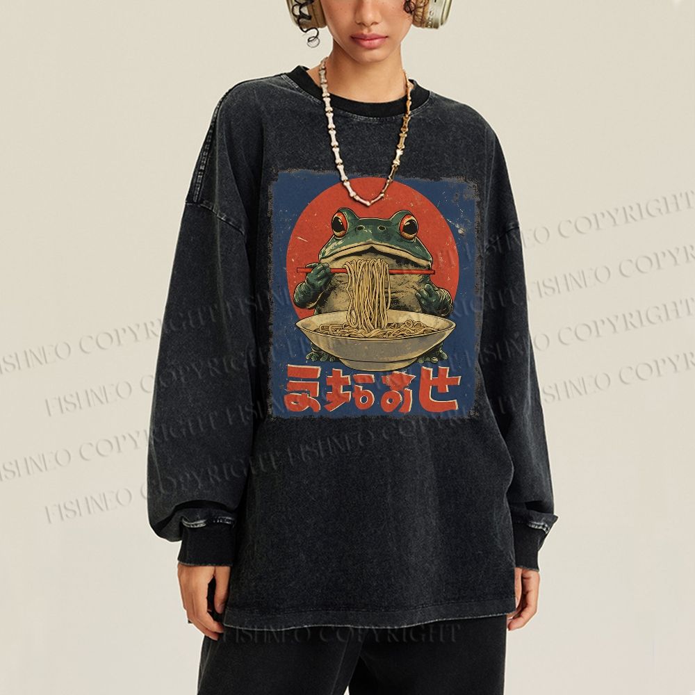 Unisex Casual Washed Ramen Frog Printed Long Sleeve T-shirt