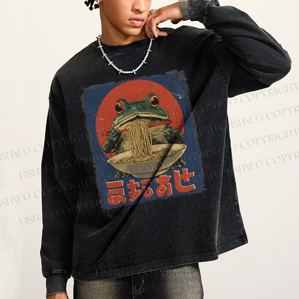 Unisex Casual Washed Ramen Frog Printed Long Sleeve T-shirt