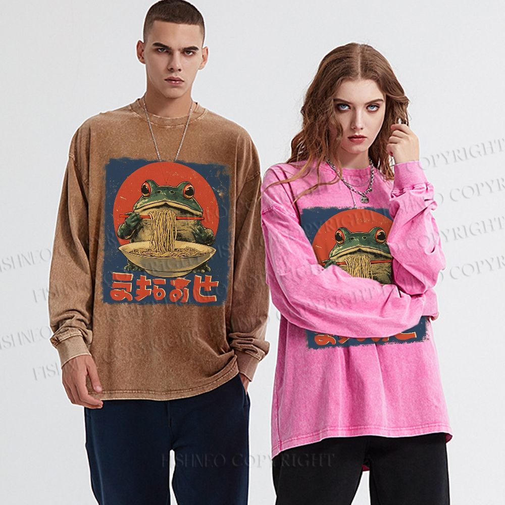 Unisex Casual Washed Ramen Frog Printed Long Sleeve T-shirt
