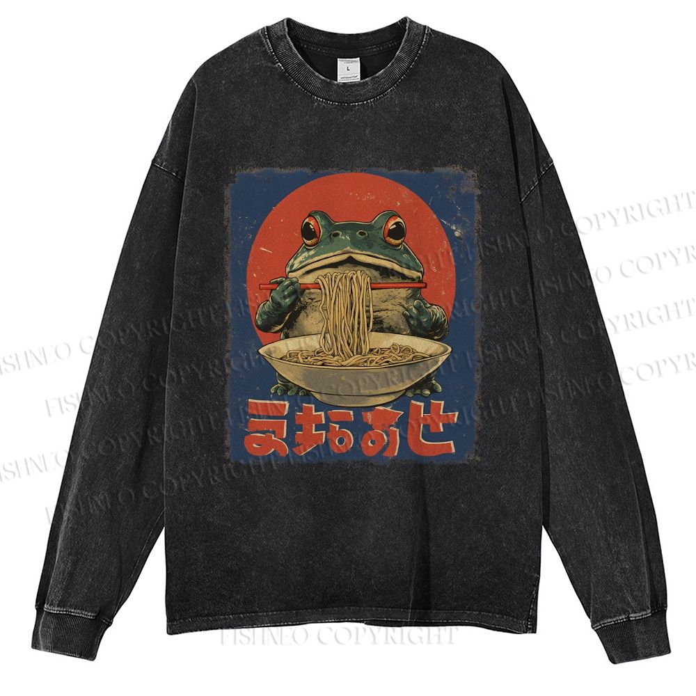 Unisex Casual Washed Ramen Frog Printed Long Sleeve T-shirt