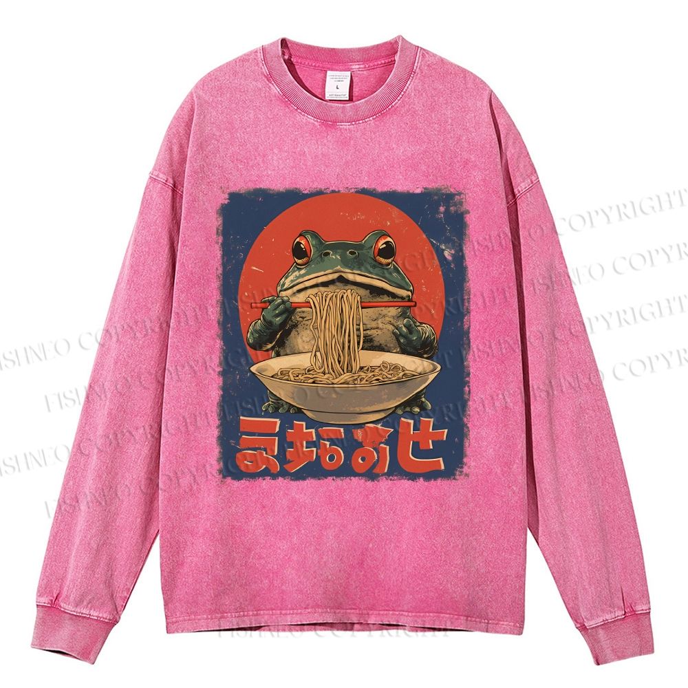 Unisex Casual Washed Ramen Frog Printed Long Sleeve T-shirt