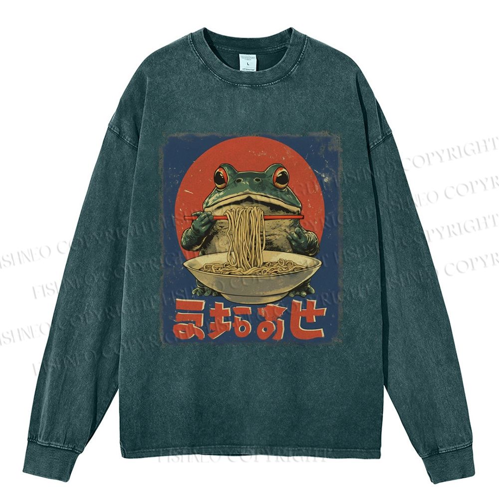 Unisex Casual Washed Ramen Frog Printed Long Sleeve T-shirt