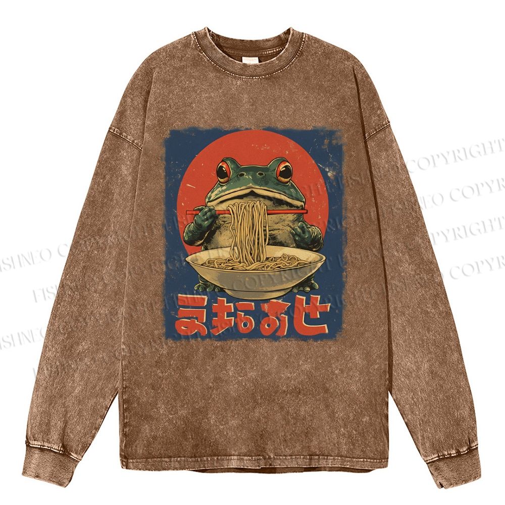 Unisex Casual Washed Ramen Frog Printed Long Sleeve T-shirt