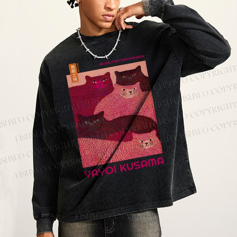 Unisex Casual Washed Pink Bears Yayoi Kusama Printed Long Sleeve T-shirt