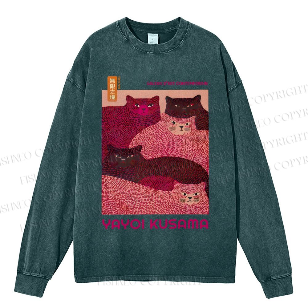 Unisex Casual Washed Pink Bears Yayoi Kusama Printed Long Sleeve T-shirt