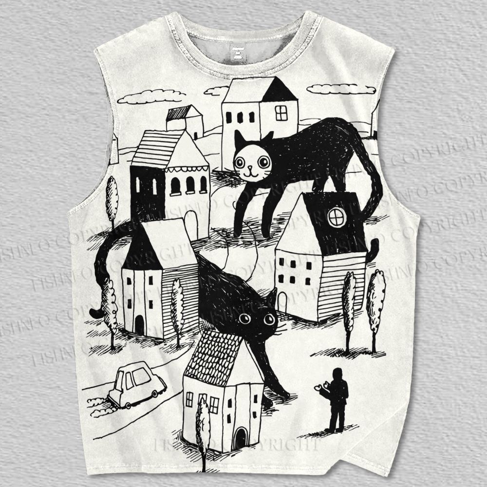 Unisex Giant Cat Village Printed Tank Top