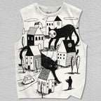 Unisex Giant Cat Village Printed Tank Top