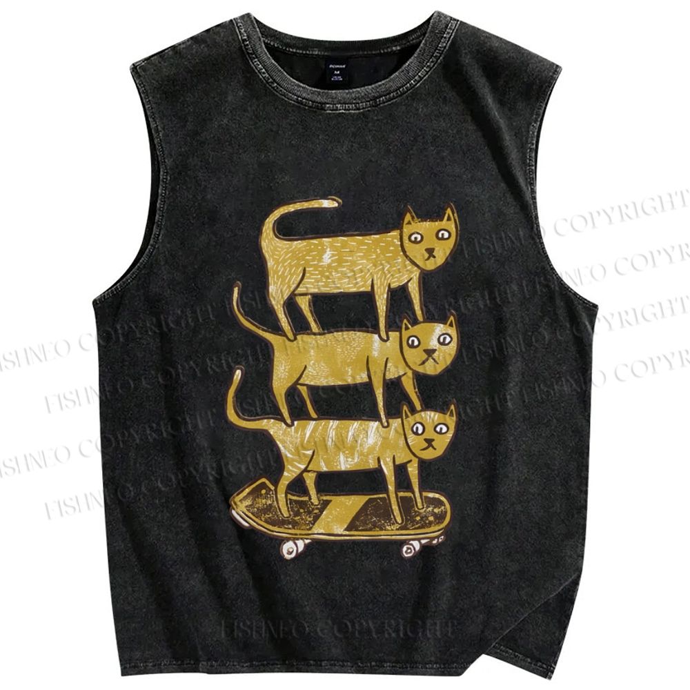 Unisex Scooter Cat Printed Washed Tank Top