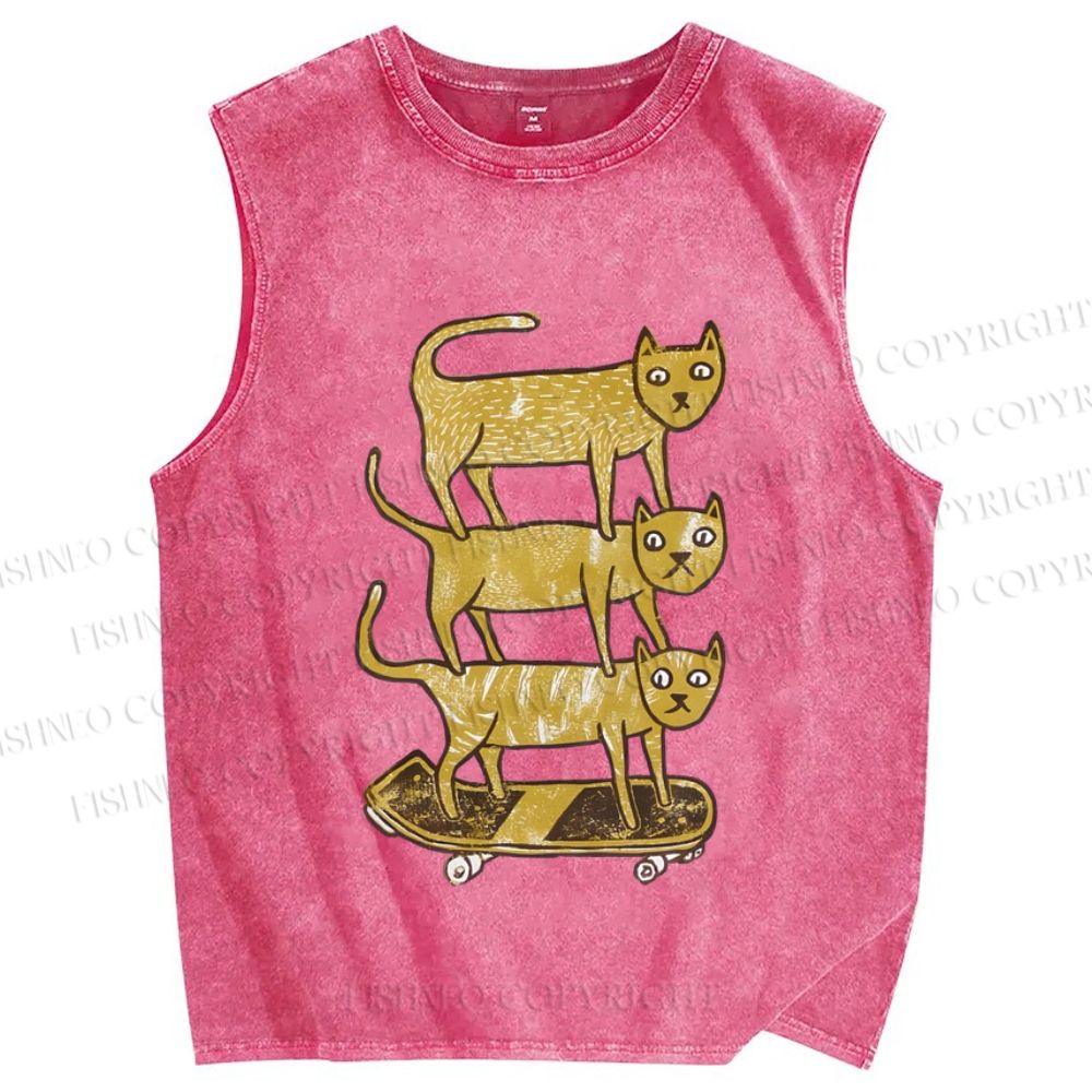 Unisex Scooter Cat Printed Washed Tank Top