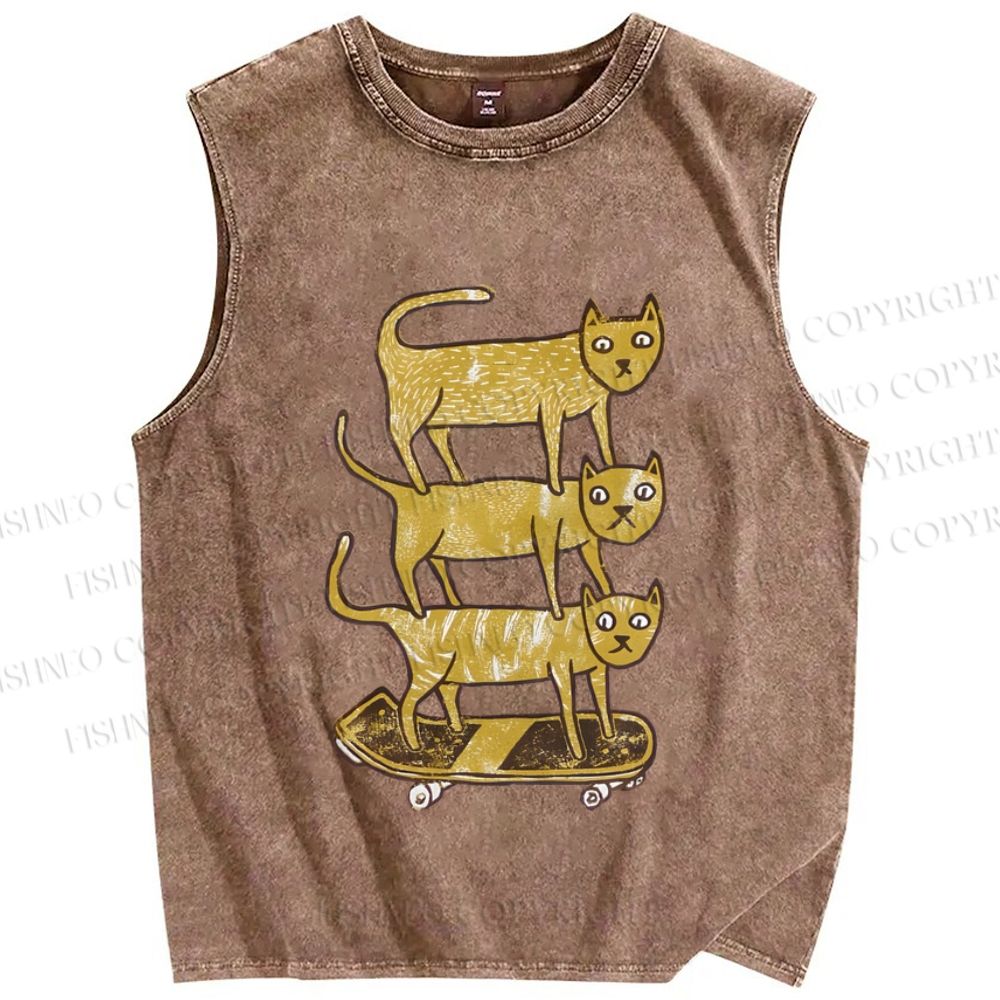 Unisex Scooter Cat Printed Washed Tank Top