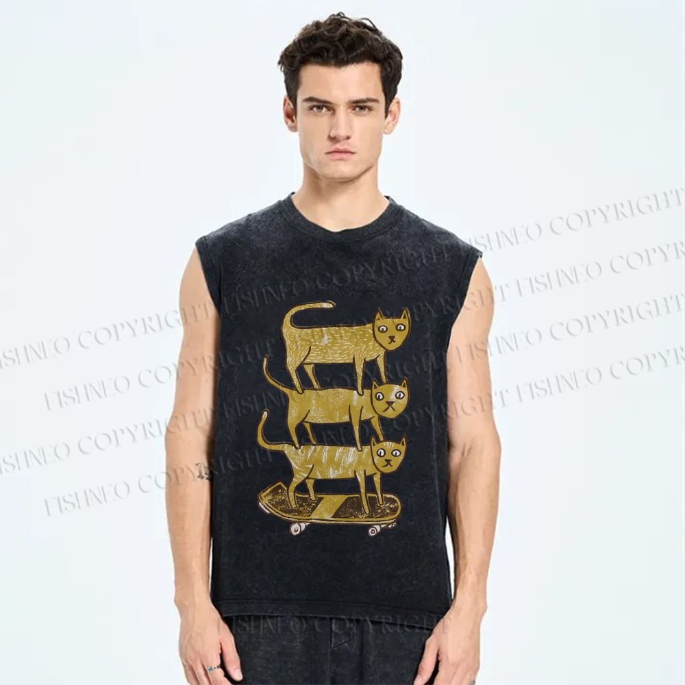 Unisex Scooter Cat Printed Washed Tank Top