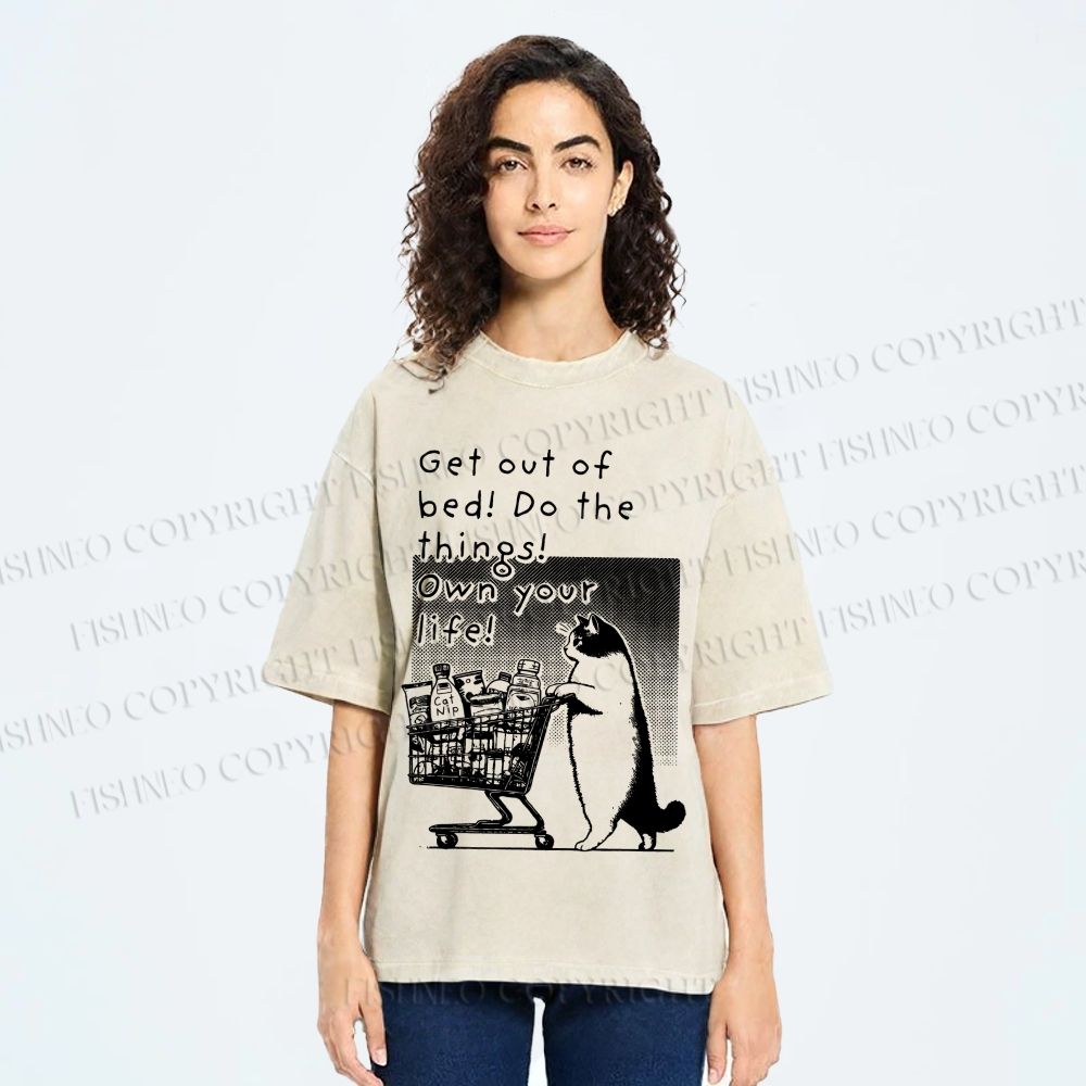 Unisex Own Your Life Cat Printed Washed Tee