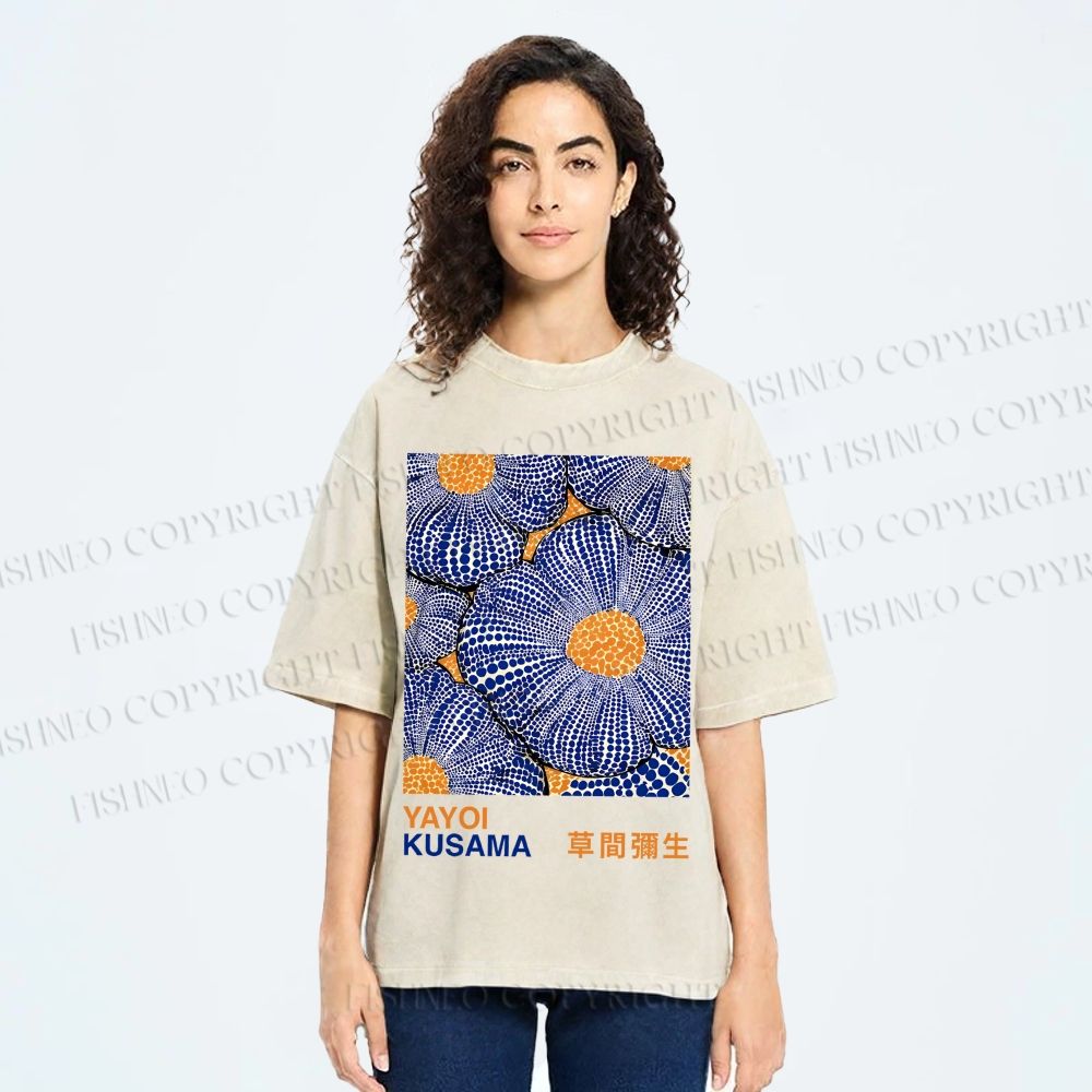 Unisex Yayoi Kusama Pumpkin Flowers Printed Washed Tee