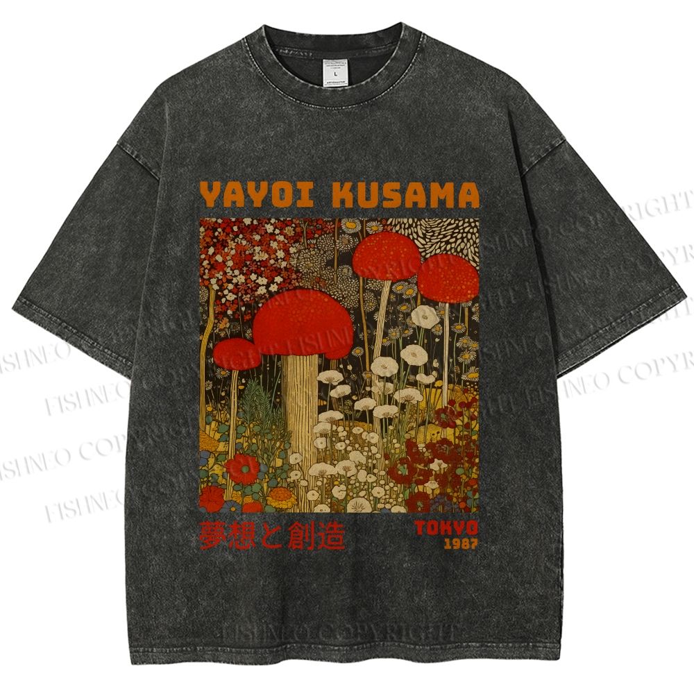 Unisex Yayoi Kusama Mushroom Flowers Printed Washed Tee