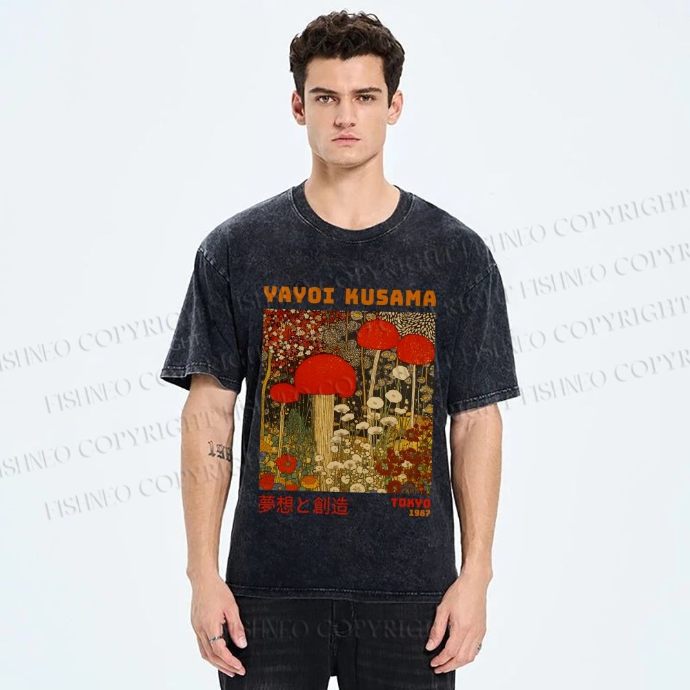 Unisex Yayoi Kusama Mushroom Flowers Printed Washed Tee