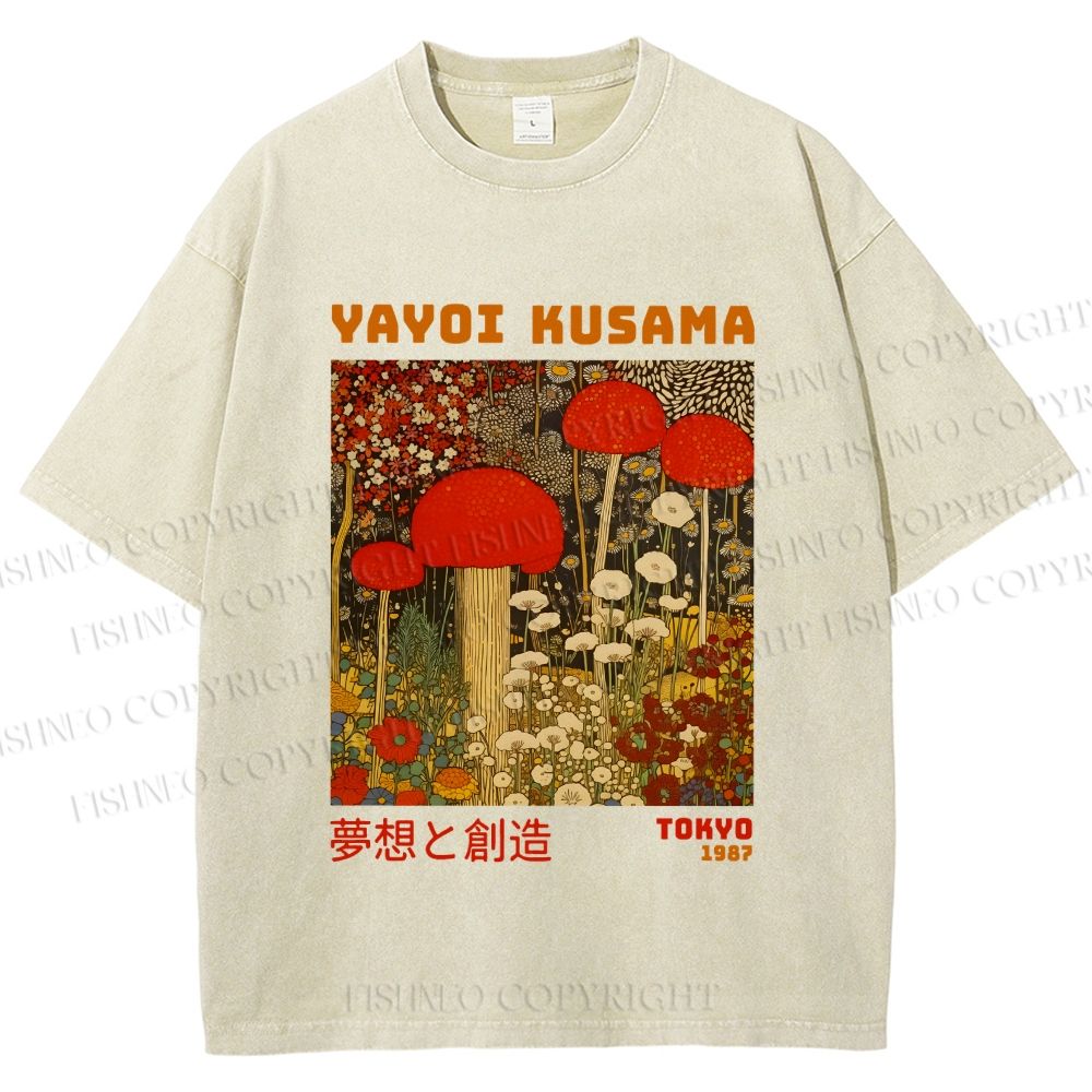 Unisex Yayoi Kusama Mushroom Flowers Printed Washed Tee