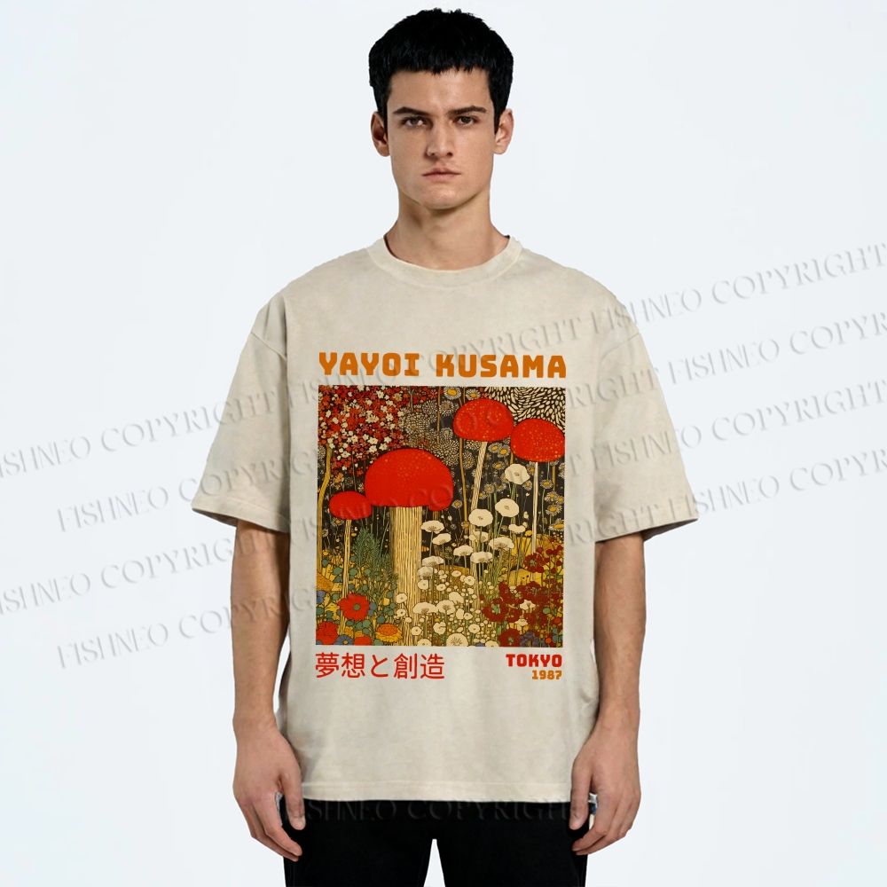 Unisex Yayoi Kusama Mushroom Flowers Printed Washed Tee