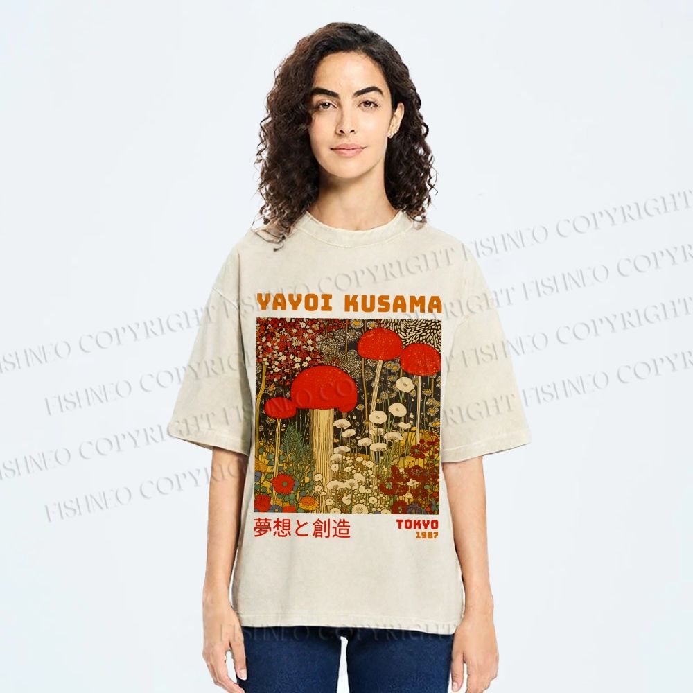 Unisex Yayoi Kusama Mushroom Flowers Printed Washed Tee