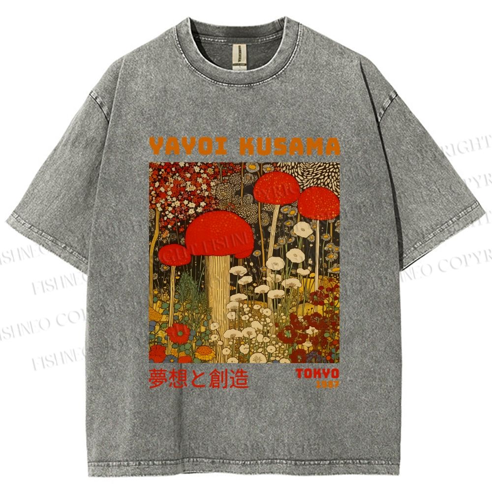 Unisex Yayoi Kusama Mushroom Flowers Printed Washed Tee