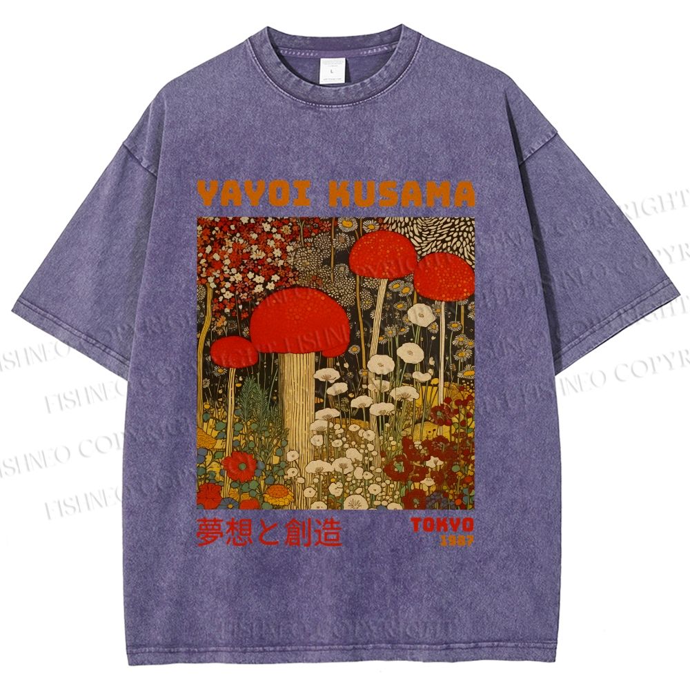 Unisex Yayoi Kusama Mushroom Flowers Printed Washed Tee