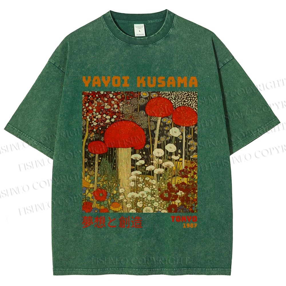 Unisex Yayoi Kusama Mushroom Flowers Printed Washed Tee