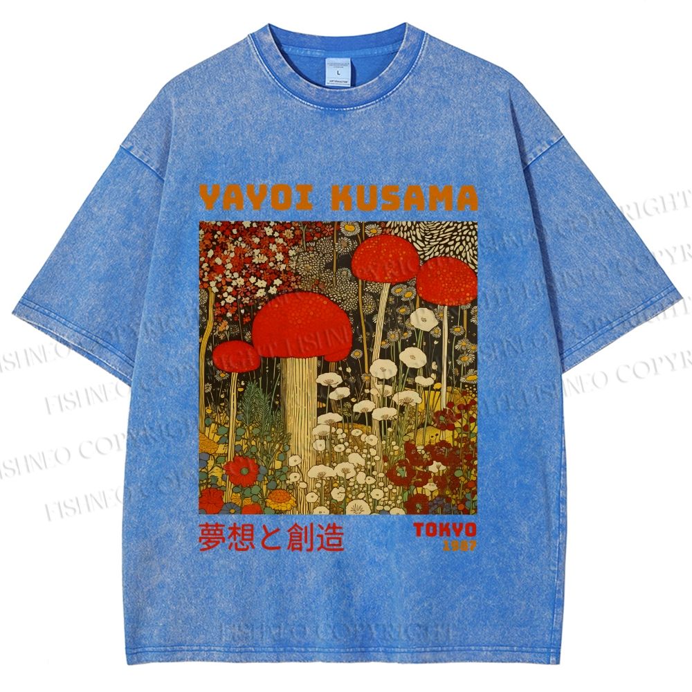 Unisex Yayoi Kusama Mushroom Flowers Printed Washed Tee