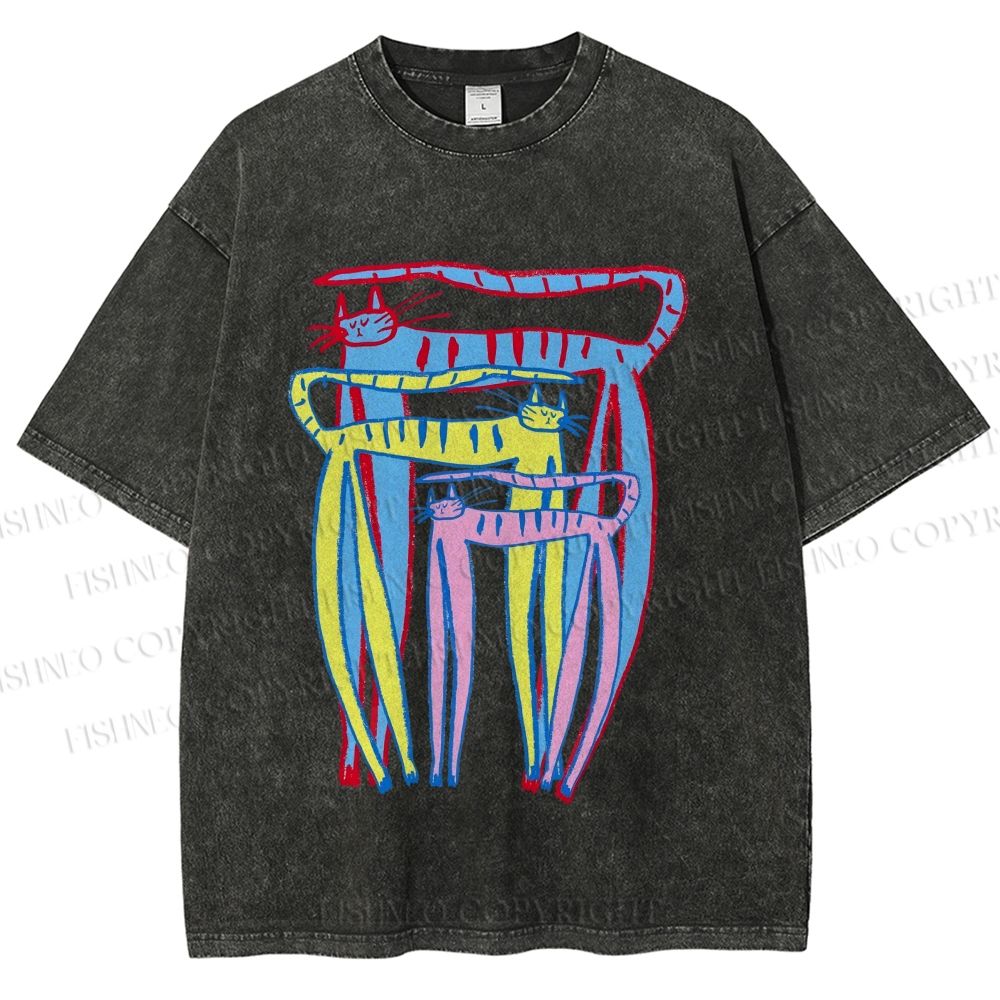 Unisex Abstract Colorful Cartoon Cat Printed Washed Tee